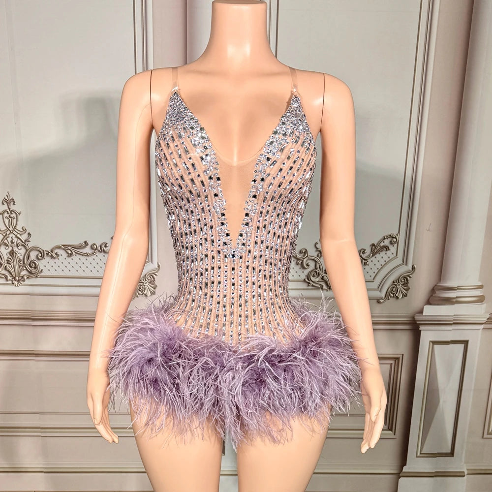 Purple Crystal & Ostrich Feather Illusion Bodysuit Sparkly Stage Dance Leotard