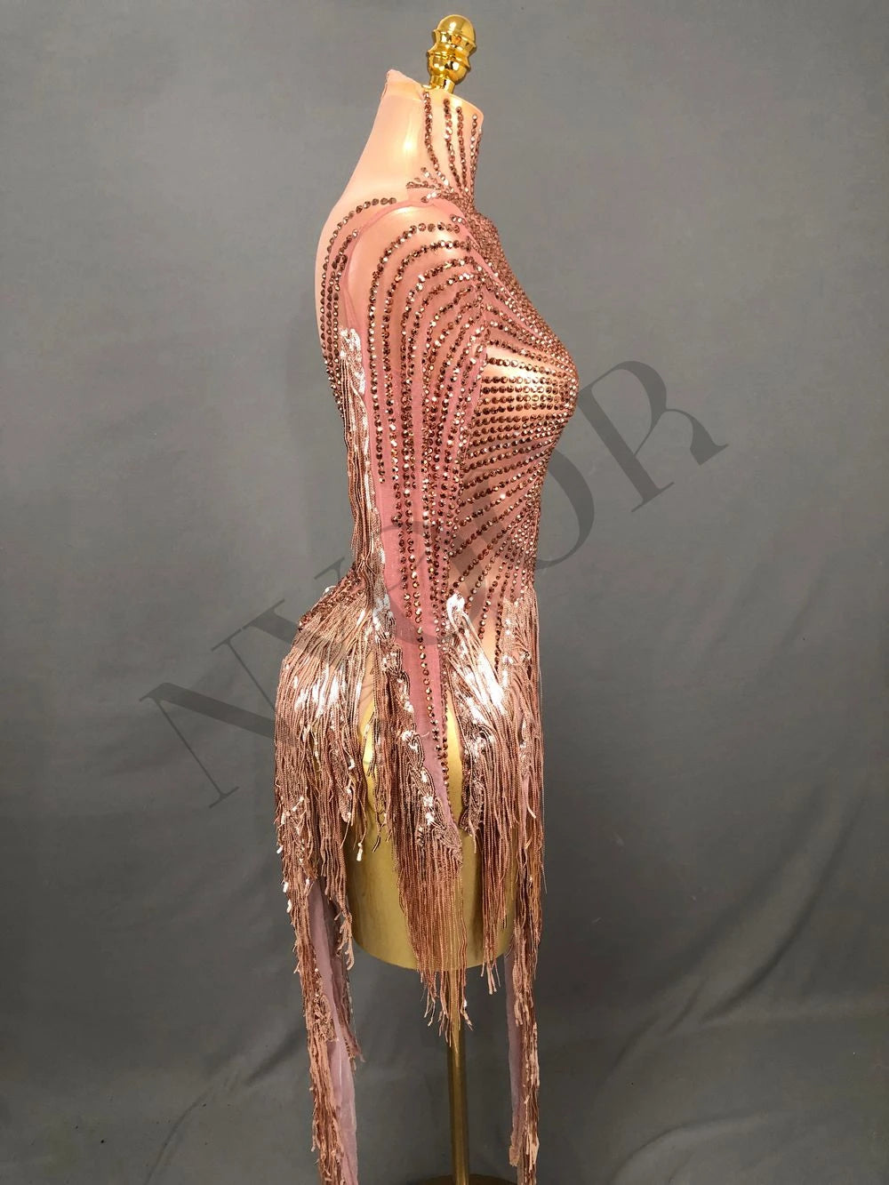 Gold Crystal Fringe Illusion Mini Dress Sparkly Rhinestone Stage Dance Costume