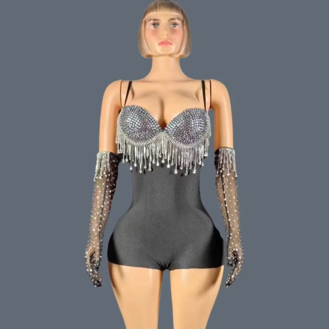 Black Spandex Crystal Tassel Bodysuit with Matching Gloves Stage Performance Set