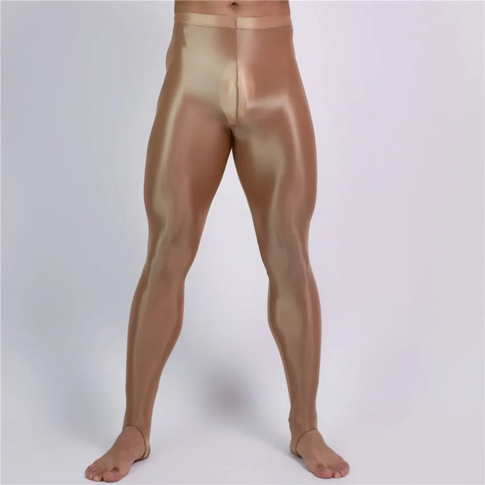 Men's Slim Tights Pencil Pants Stain Smooth  Oil Glossy Shiny Elastic Yoga Leggings Sheer See Through Full Pants Plus Size