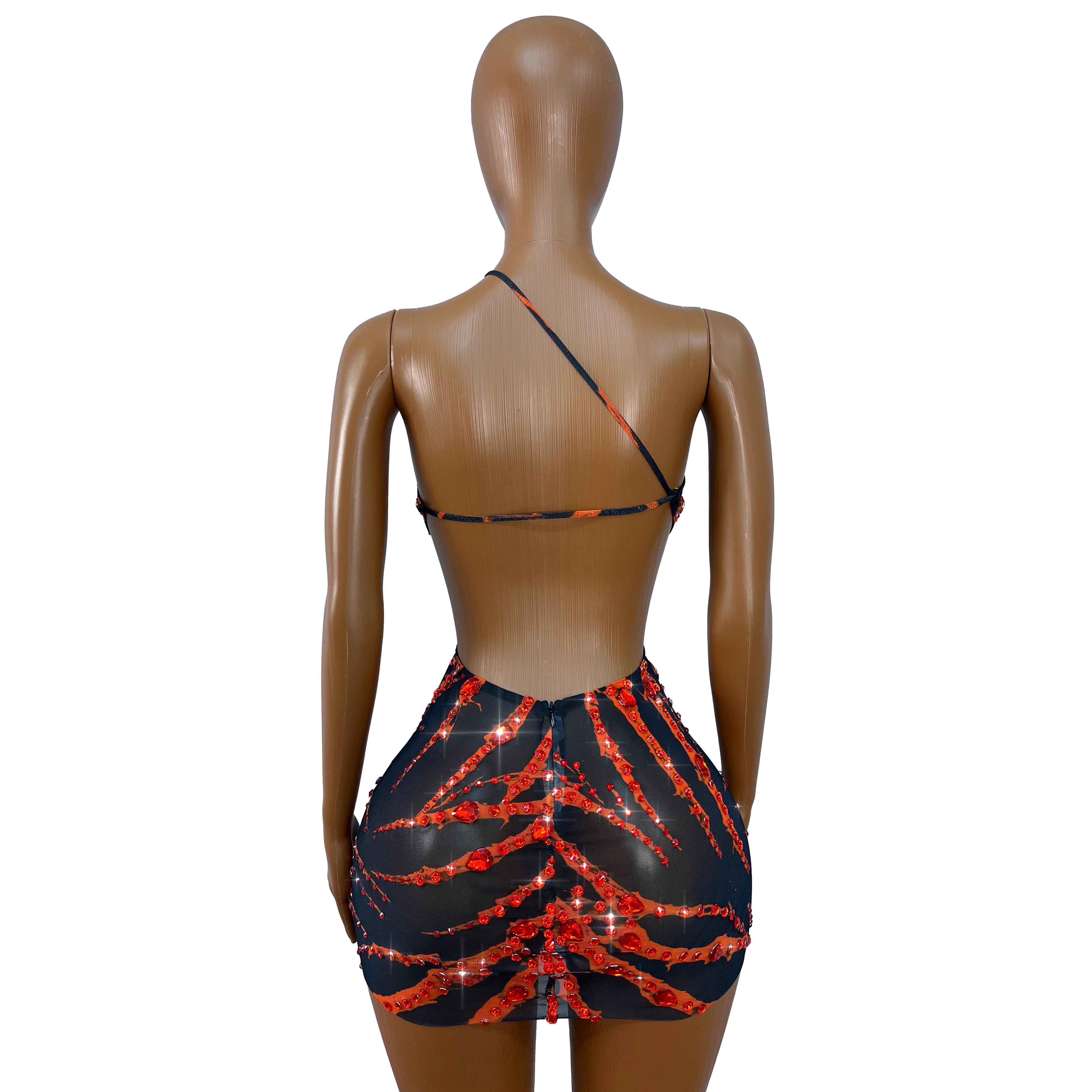 Crimson Flame Rhinestone Mesh Mini Dress Keyhole Cutout Backless Stage Costume