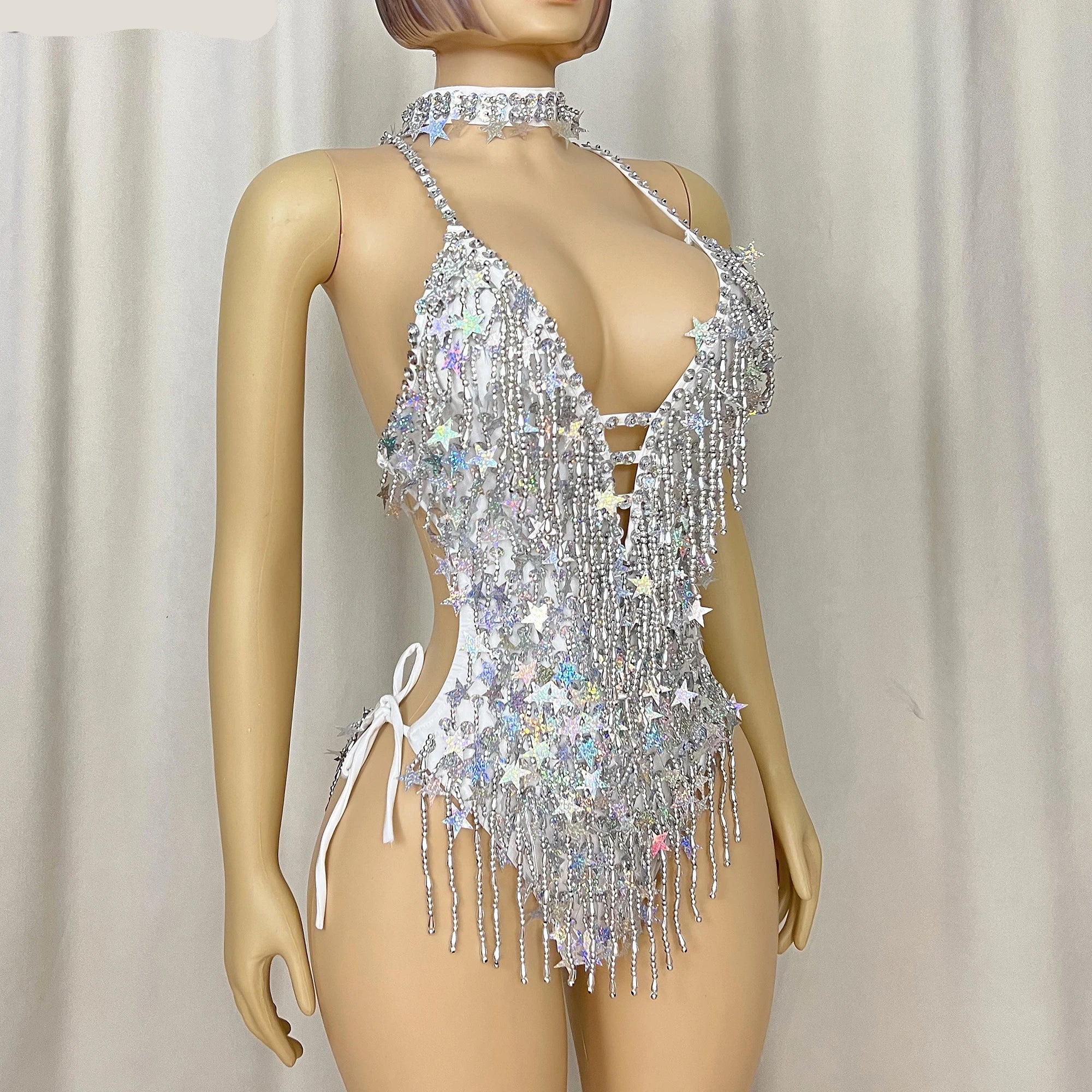 Sparkly Silver Beaded Sequin Samba Leotard Bodysuit & Necklace Set