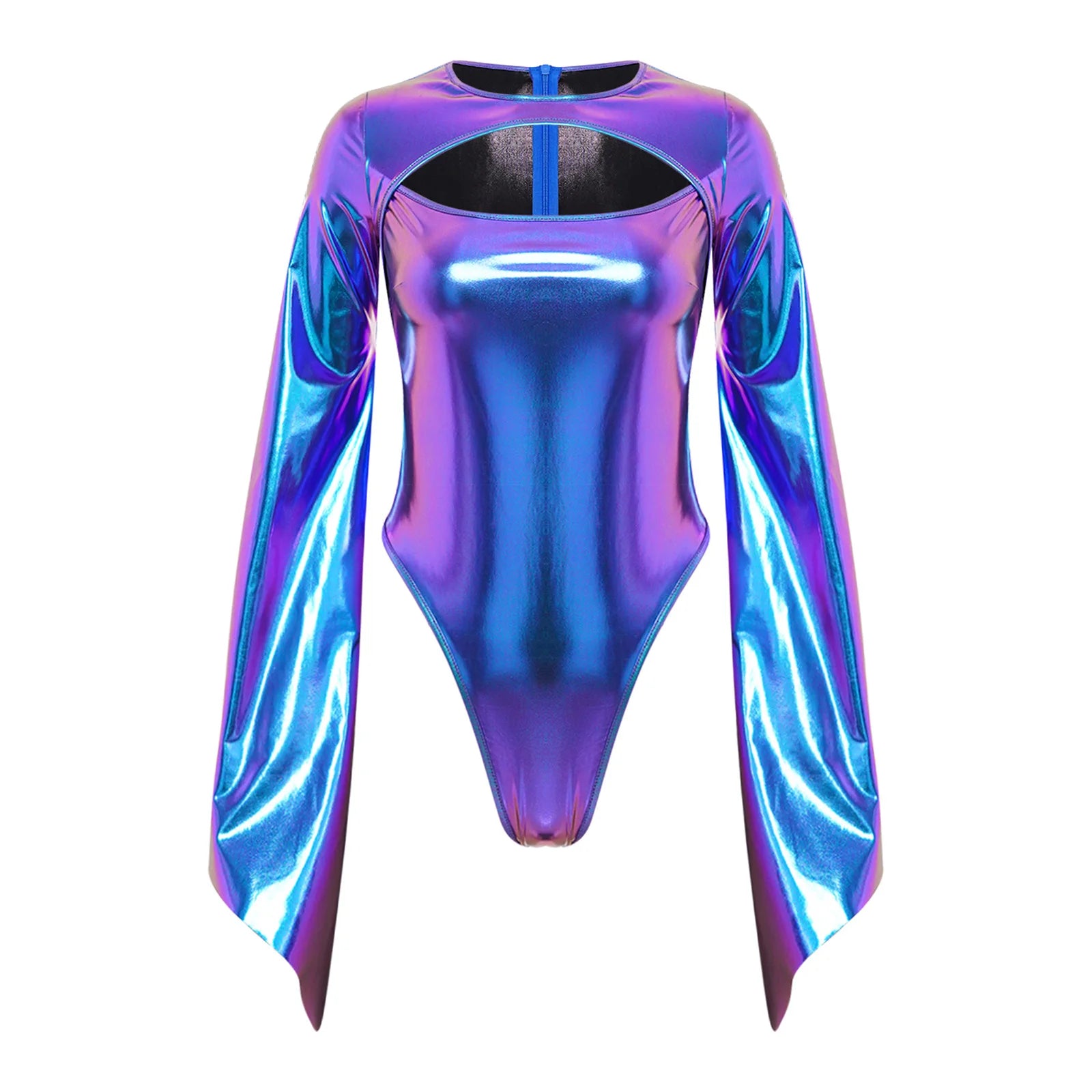 Metallic Flared Sleeve Cutout Disco Bodysuit & Metallic Rave Leotard