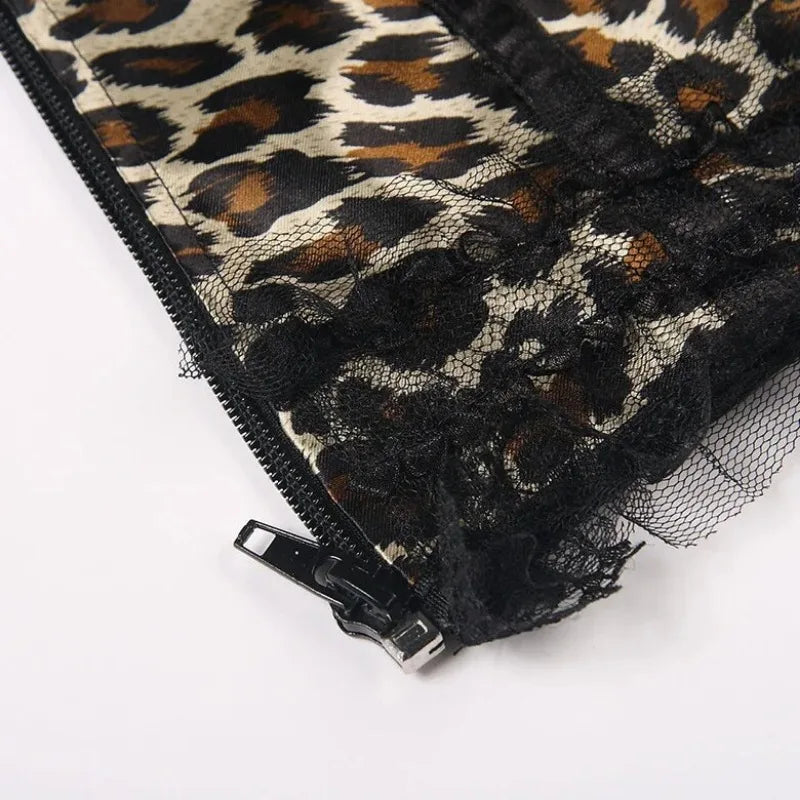 Leopard Satin Overbust Corset Lace Bowknot Clubwear Showgirl Body Shaper