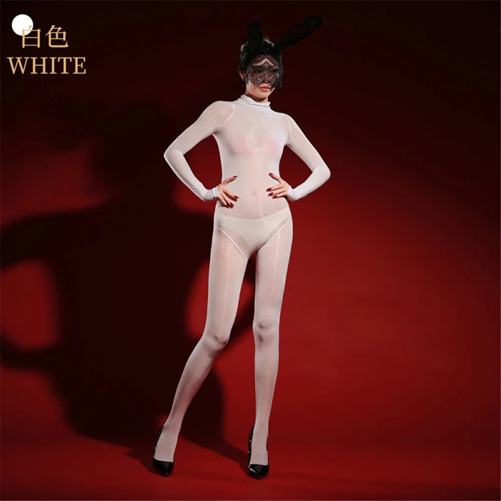 Oil Glossy High-Stretch Sheer Full-Length Bodysuit Thong Catsuit Jumpsuit