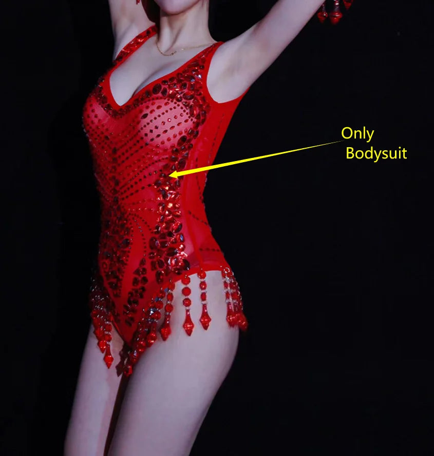 Sexy Nightclub Bar Gogo Dance Costume Red Rhinestones Fringe Mesh Bodysuit Gloves Performance Stage Wear Party Show Rave Outfits