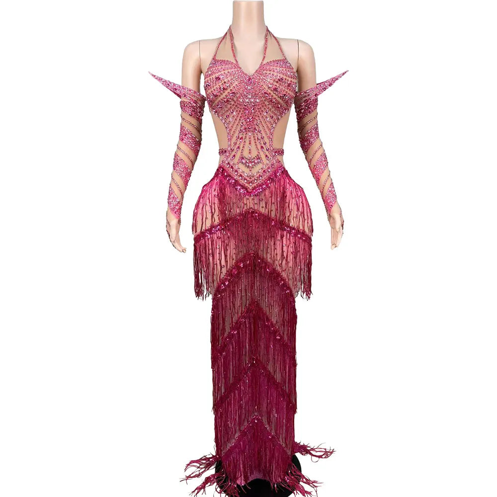 Women's Rhinestone Tassel Mesh Dress | Sparkly Stage & Nightclub Party Dress