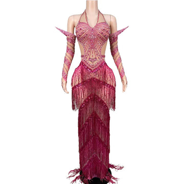 Women's Rhinestone Tassel Mesh Dress | Sparkly Stage & Nightclub Party Dress