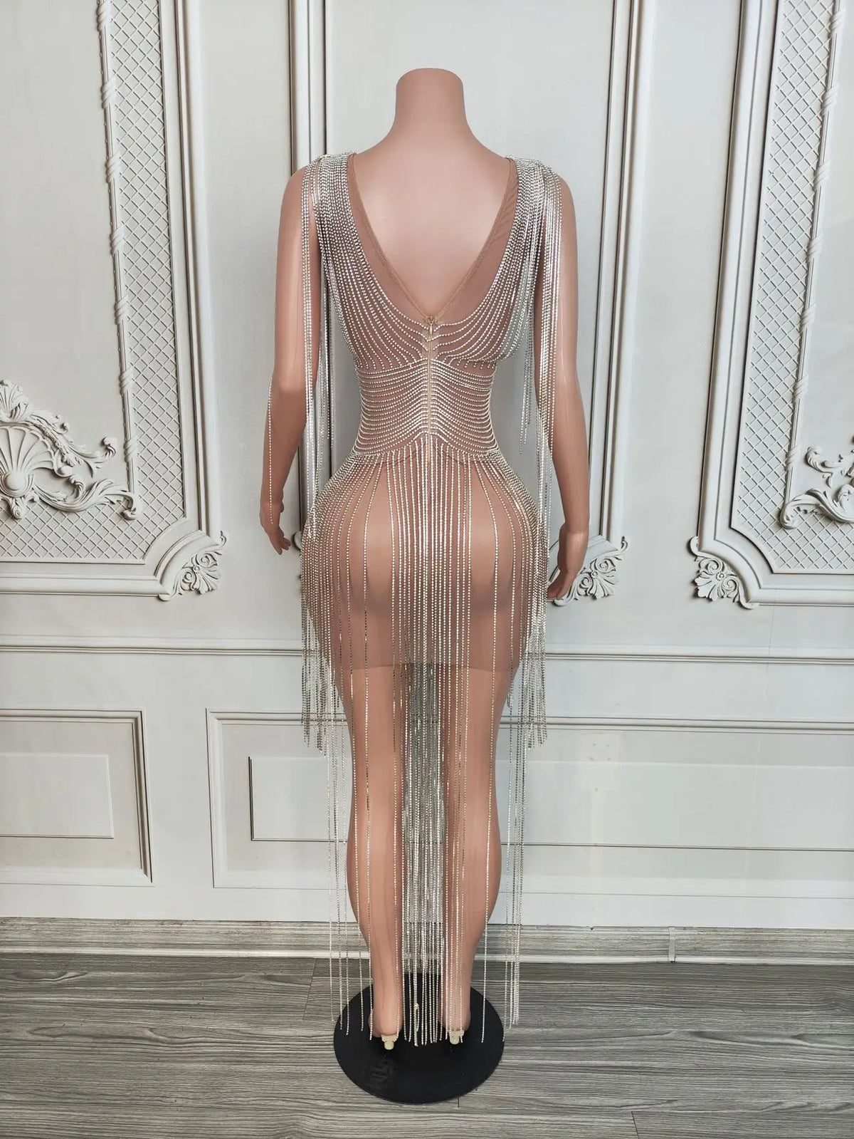 Sparkly Diamond Chain Sexy See-Through Evening Prom Dress – Women's Birthday Party Gown