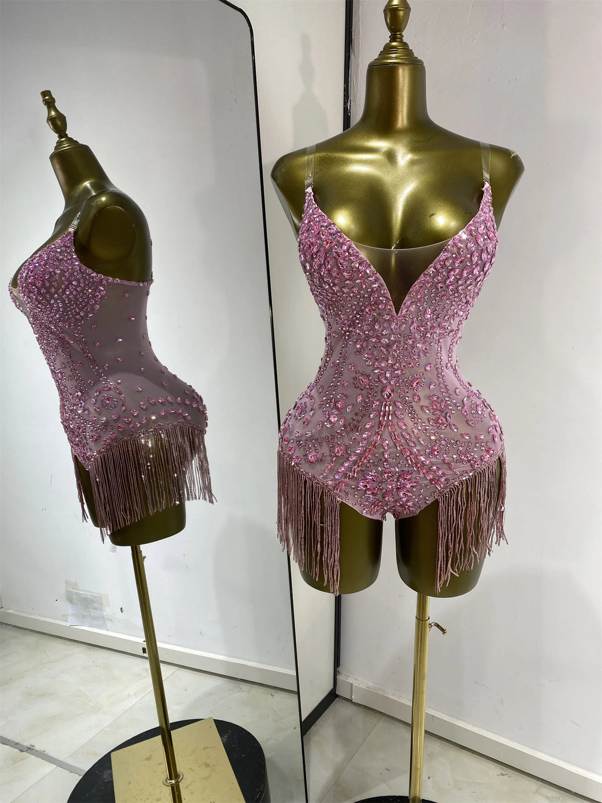 Vintage-Inspired Shiny Rhinestones Tassel Mesh Bodysuit Costume Set