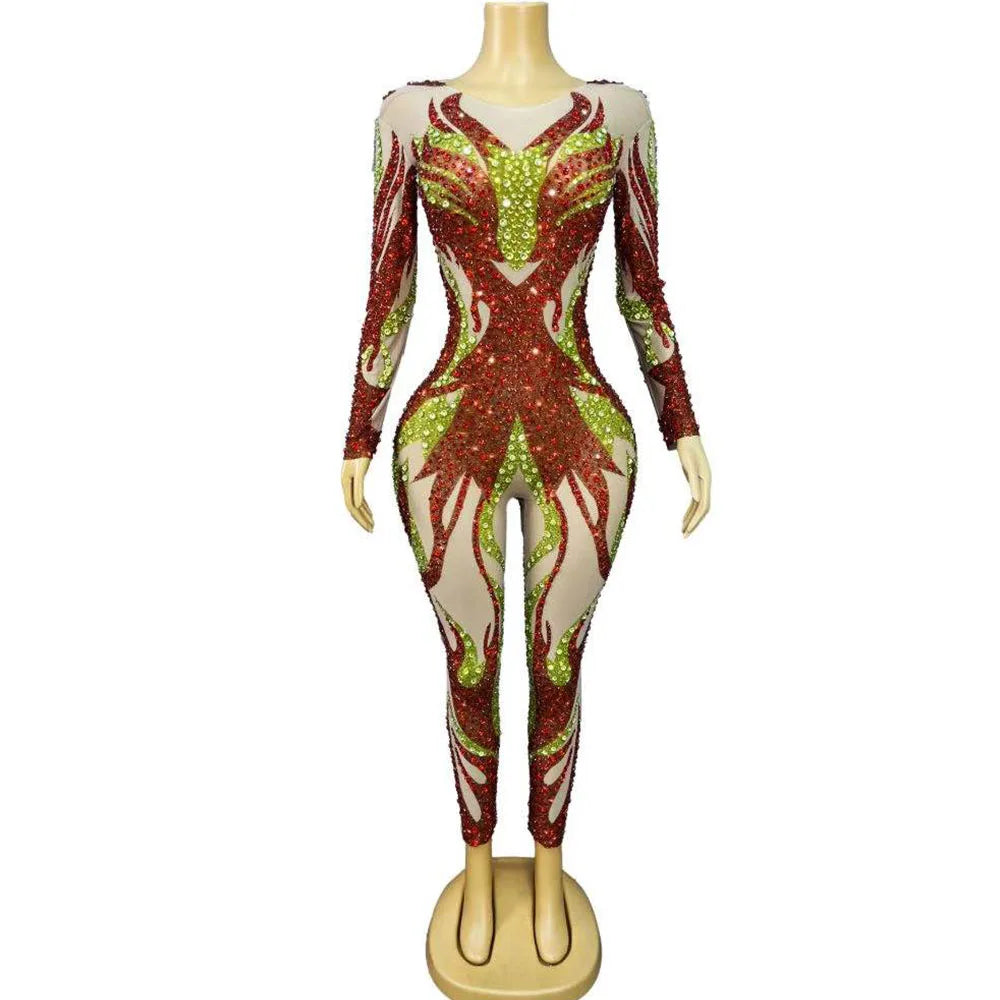 Women's Rhinestone Long Sleeve Mesh Jumpsuit | Shining Stage Costume for Singer, Dancer & Birthday
