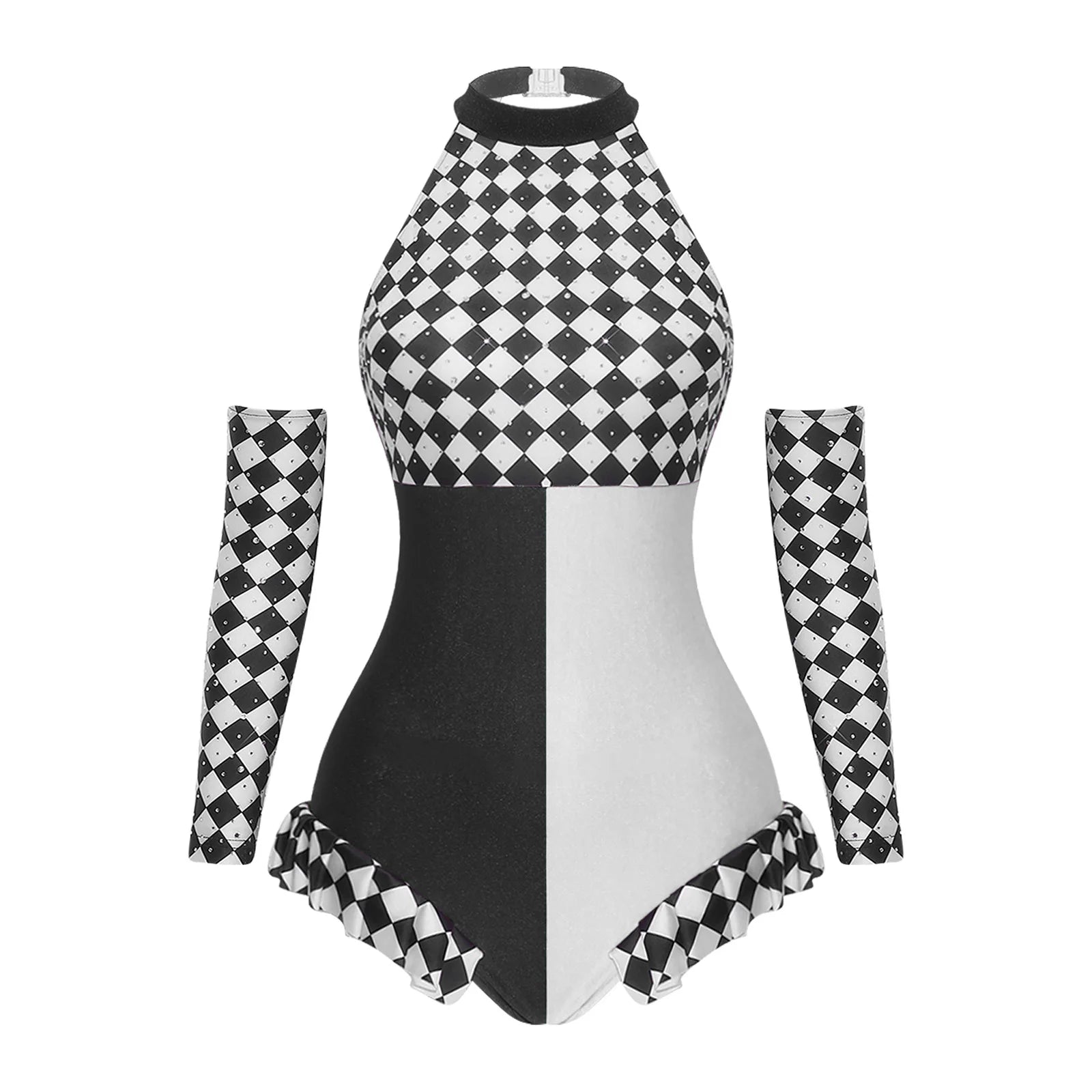 Circus Harlequin Clown Plaid Halter Bodysuit & Arm Sleeves 2-Piece Cosplay Costume Set