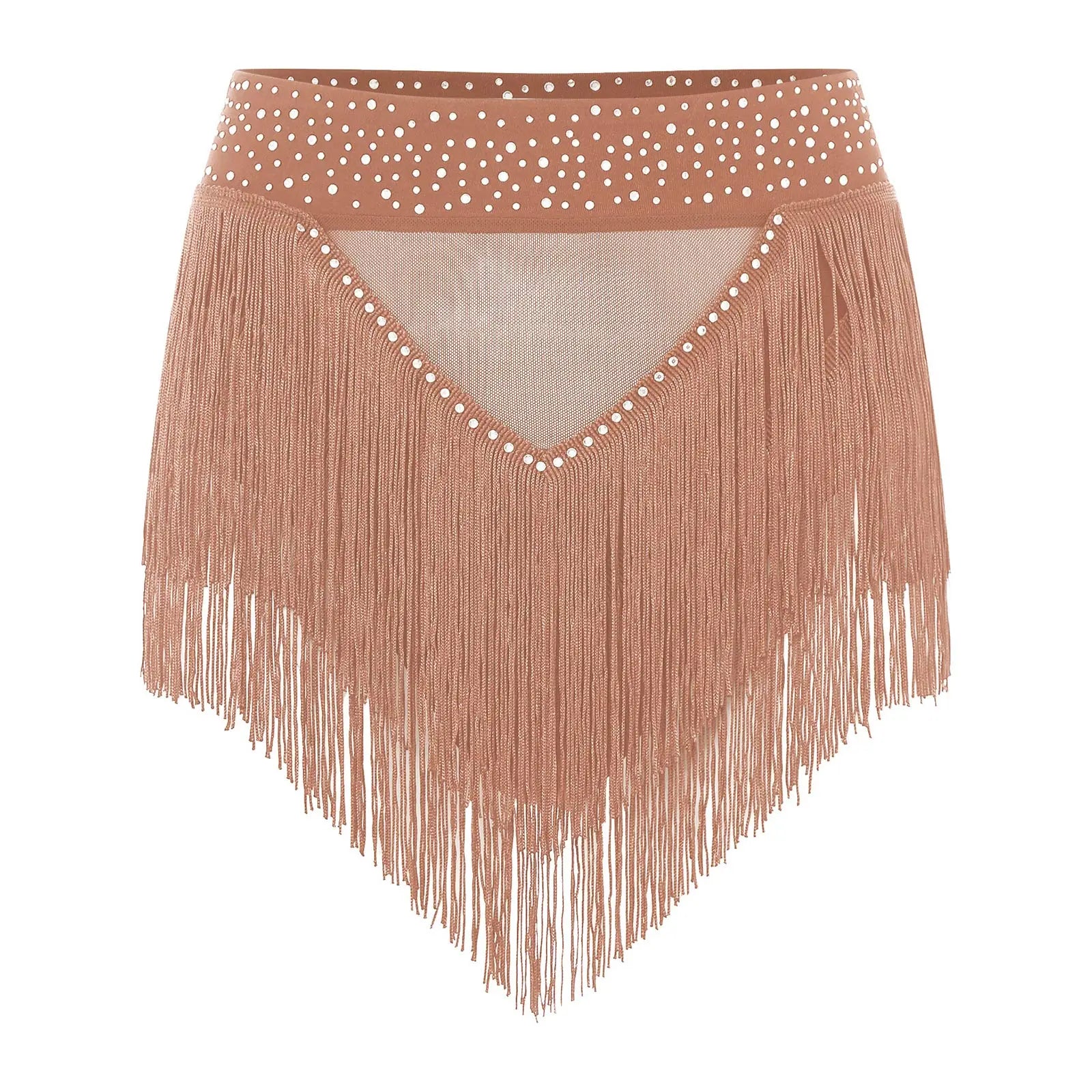 Rhinestone Tassel High-Waist Dance Shorts & Sheer Mesh Fringe Skirt