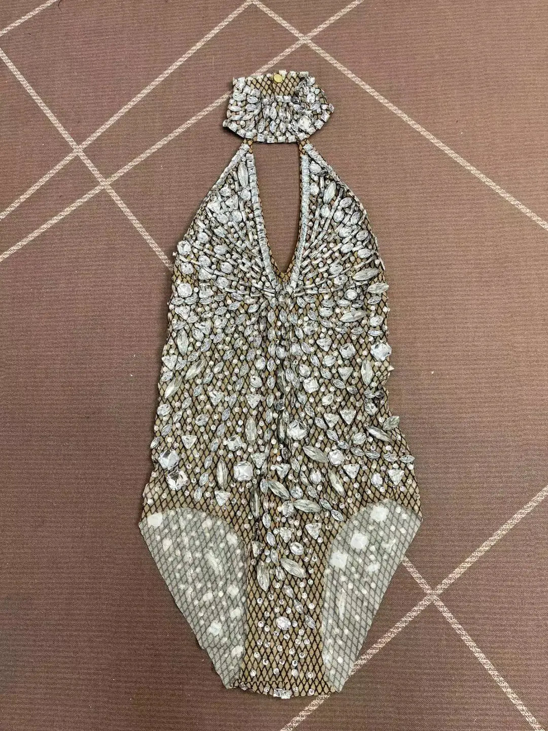 Sparkly Silver Rhinestone Halter Stage Bodysuit Leotard Costume Piece