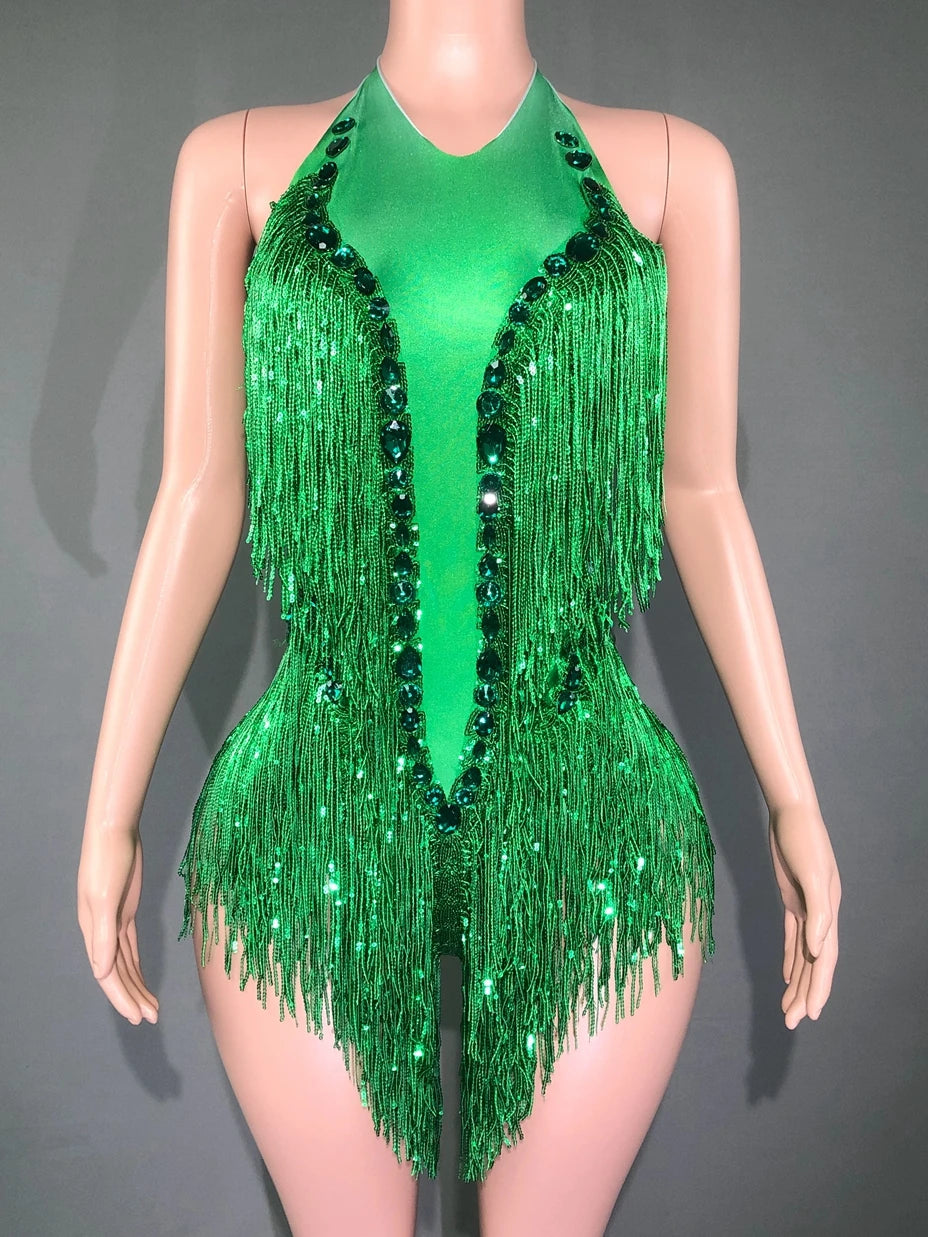 Sparkly Emerald Green Rhinestone Sequin Fringe Bodysuit Backless Stage Leotard