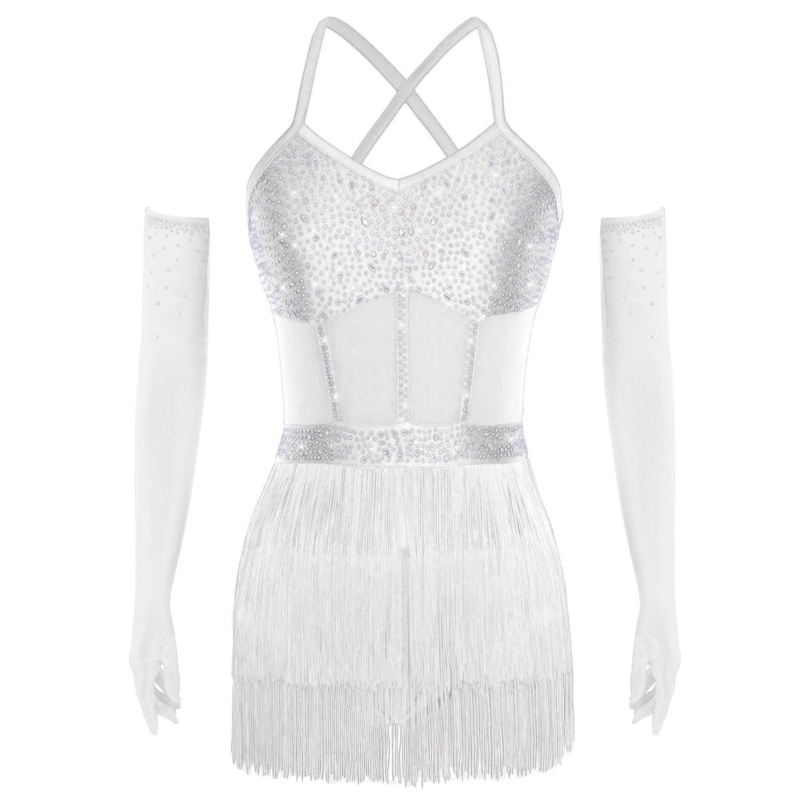 Rhinestone Latin Dance Dress, Mesh Tiered Tassel Bodysuit & Long Gloves Set
