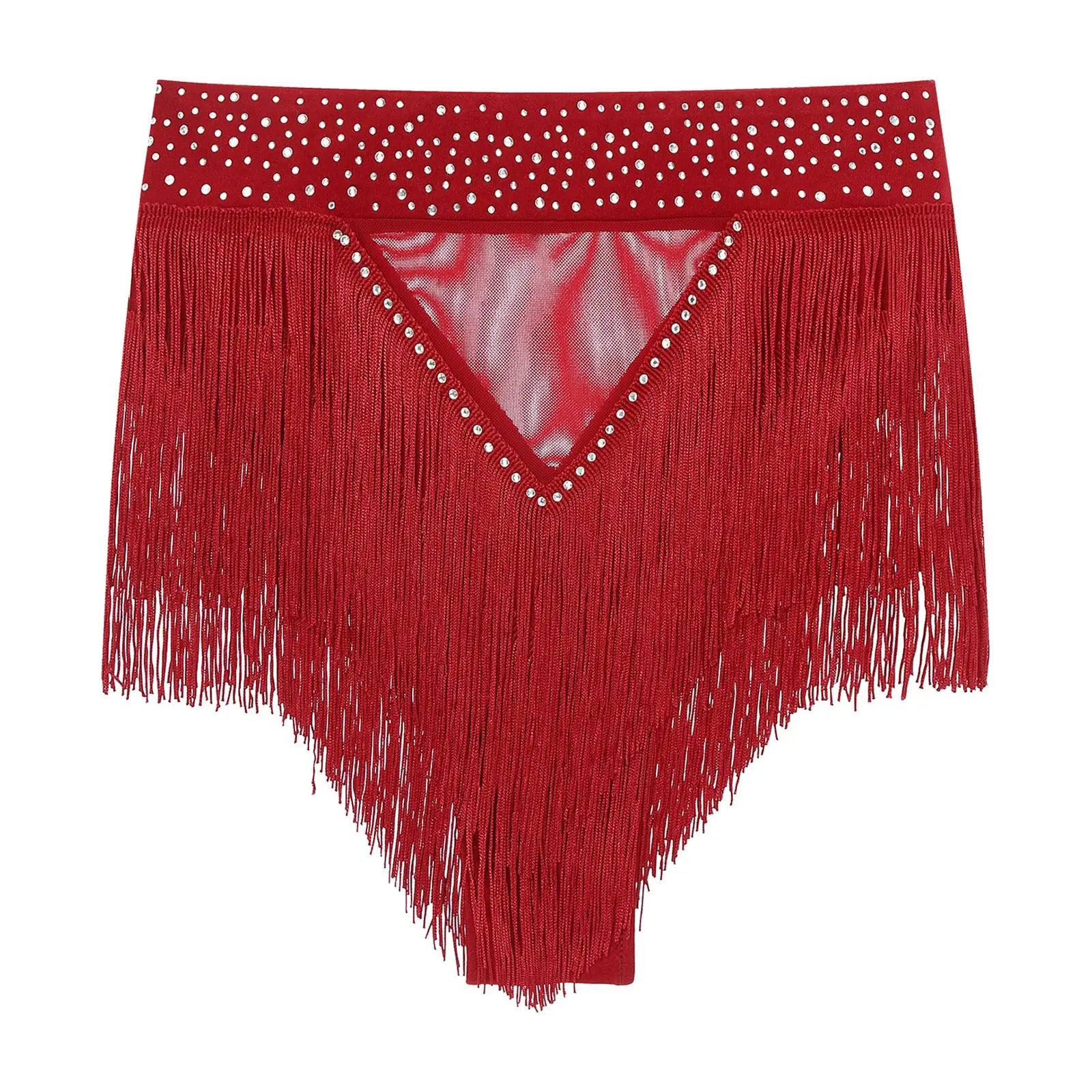 Rhinestone Tassel High-Waist Dance Shorts & Sheer Mesh Fringe Skirt