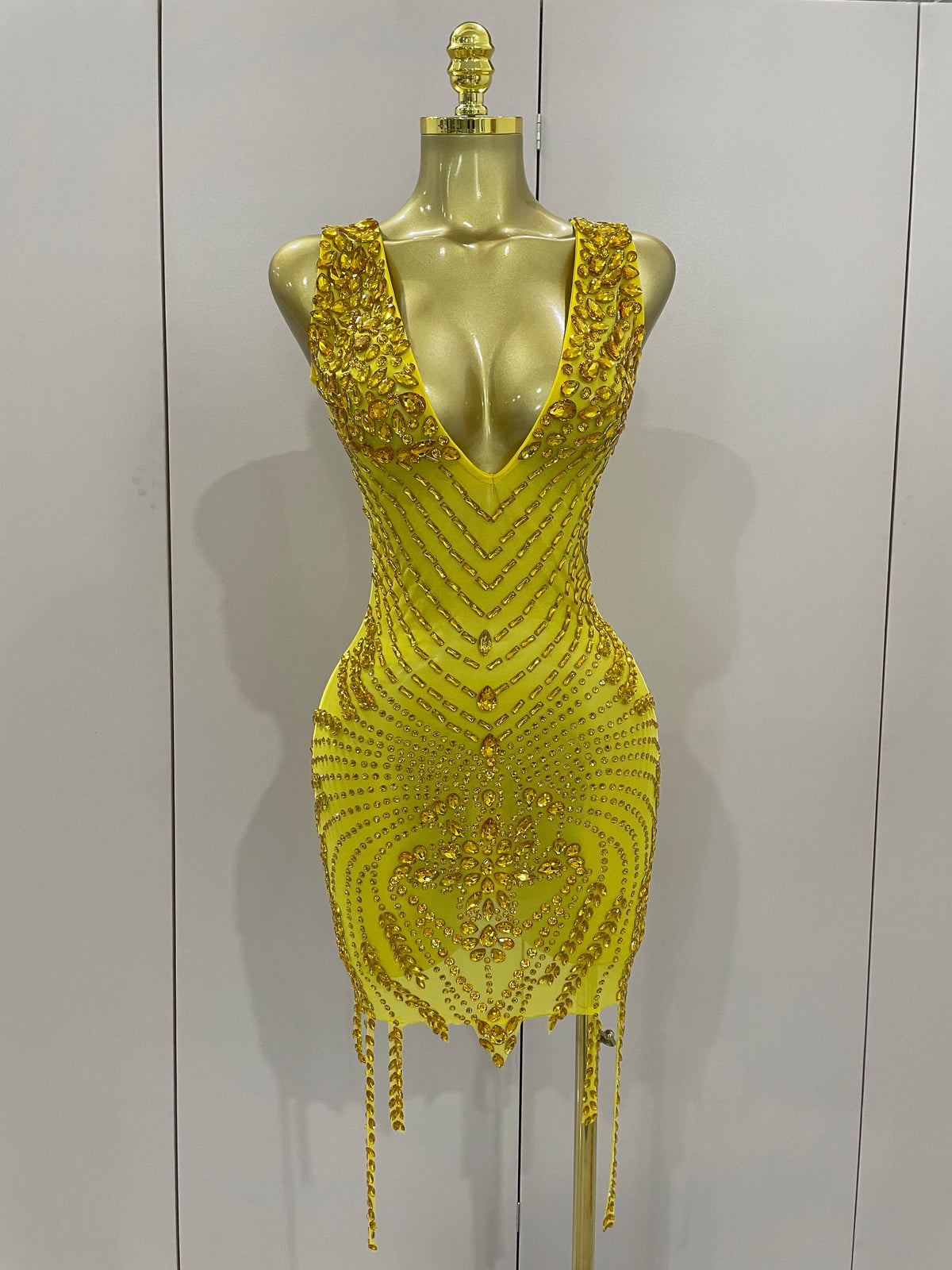 Vintage-Inspired Sparkly Rhinestone Mesh V-Neck Party Dress