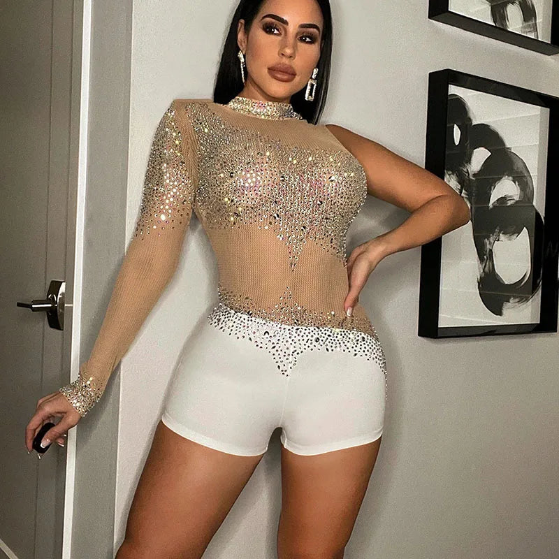 Sparkly Rhinestones Mesh Romper