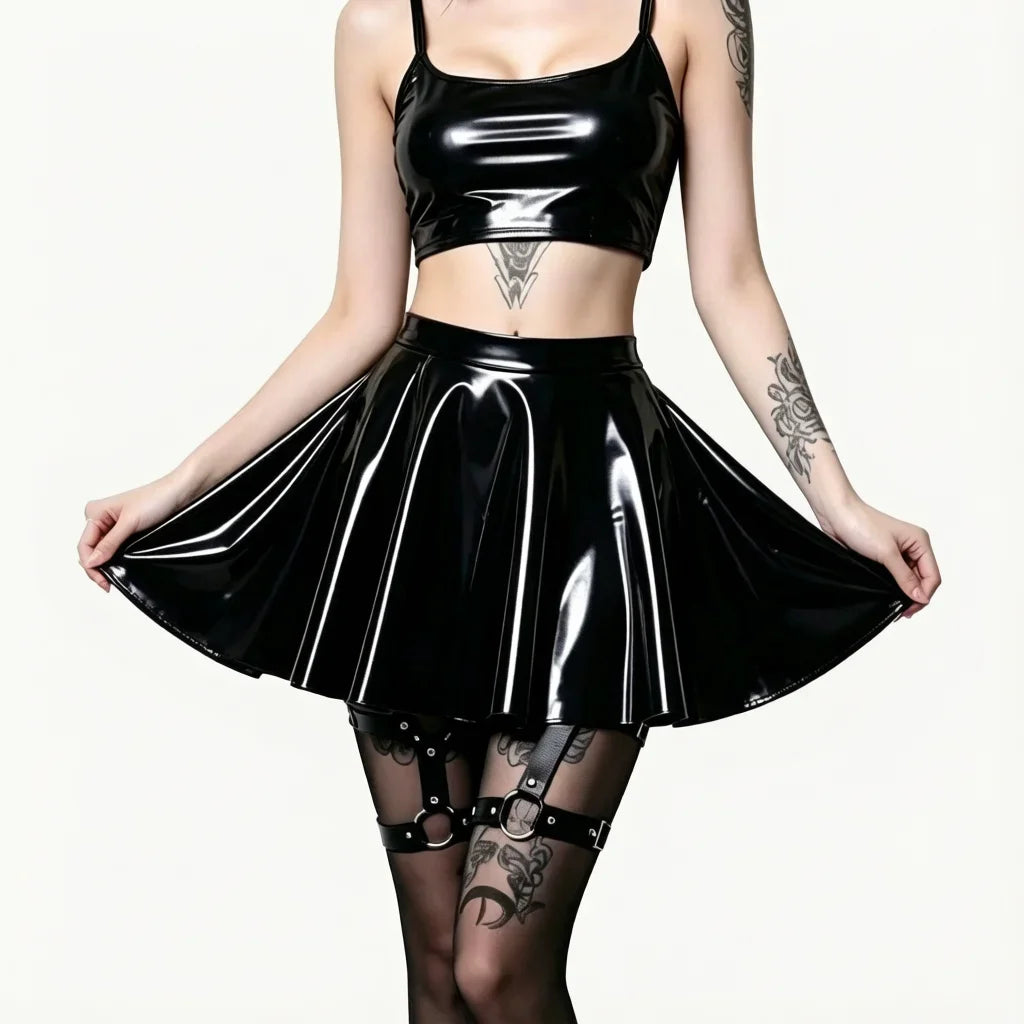 Fashion Women Gothic Style PU Skirt One Pieces Skirts PVC Shiny Flared Pleated  Mini A Line Skirts Street Maid Ruffled Skirt
