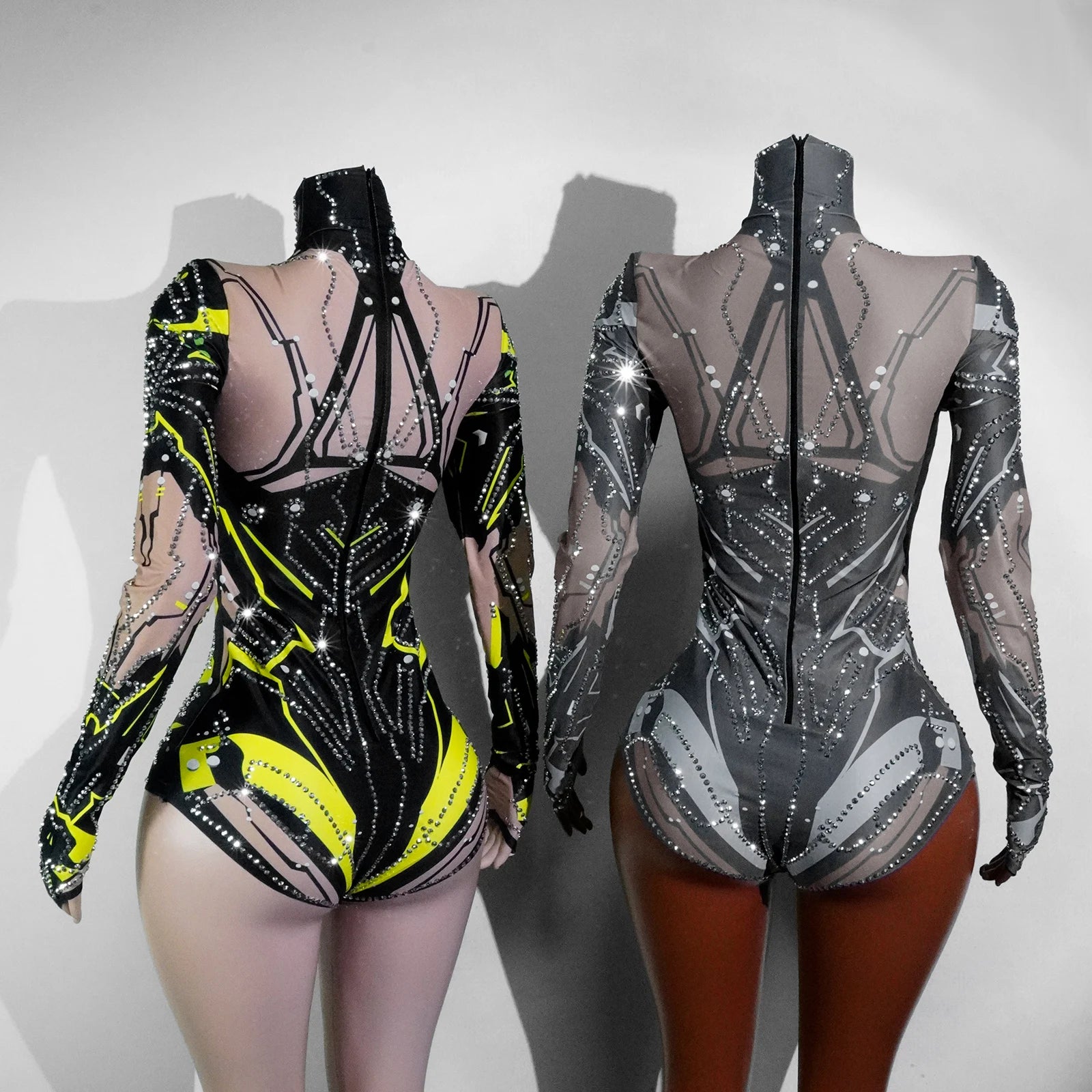 Futuristic Cyber Armor Rhinestone Bodysuit Mock Neck Sleeveless Stage Dance Costume