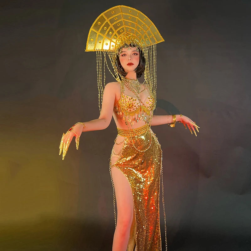 Egyptian Dance Queen Gold Rhinestone Bikini & Sequins Skirt Stage Performance Costume Set