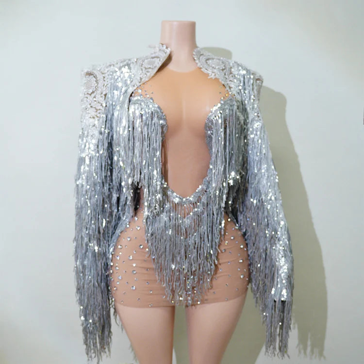 Rhinestone Tassel Fringe Jacket And Dress Costume Set