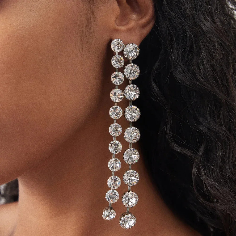 Sparkly Round Crystal Long Tassel Drop Earrings Stage Performance Jewelry