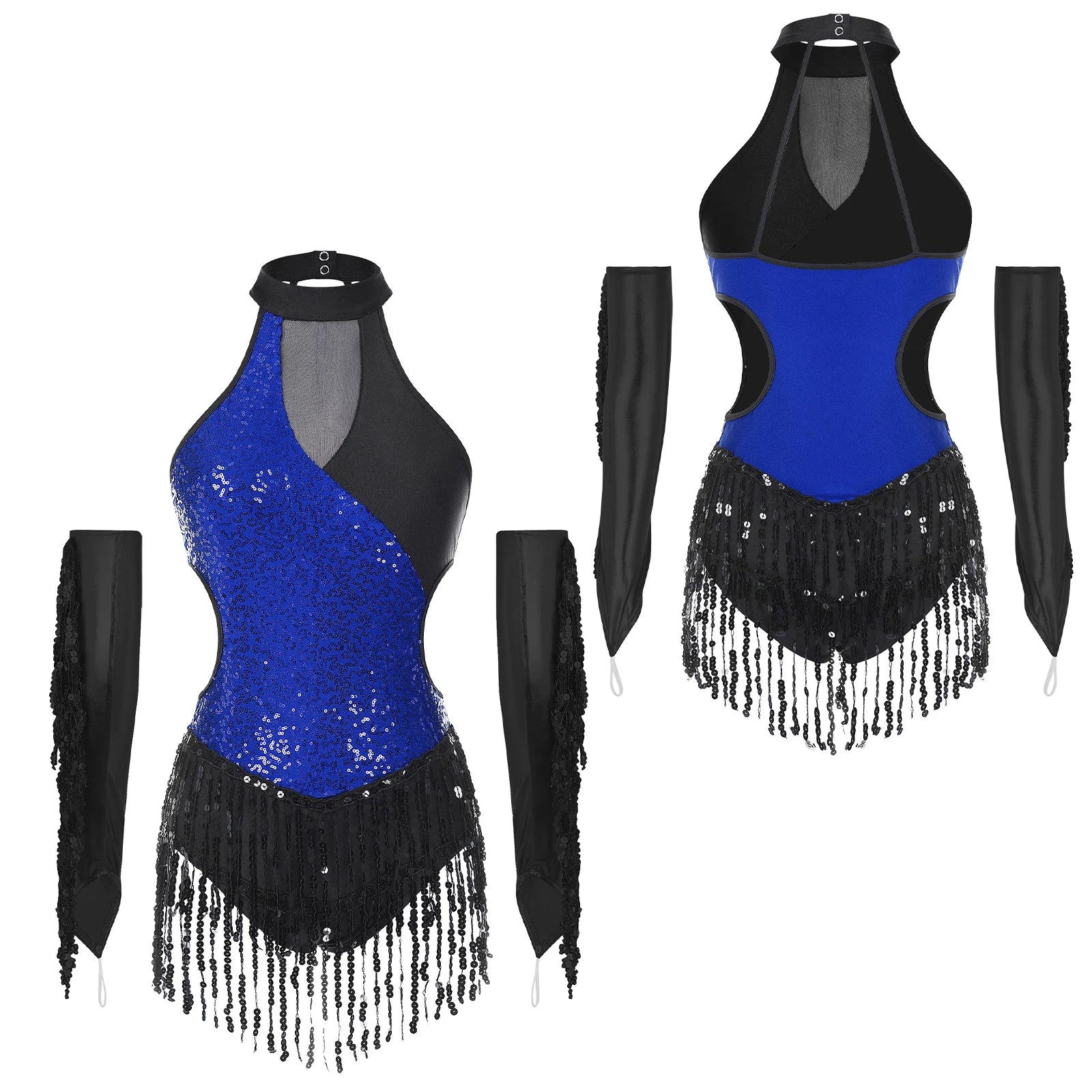 Sequined Fringe Latin Dance & Figure Skating Jumpsuit Leotard Set with Mesh Gloves