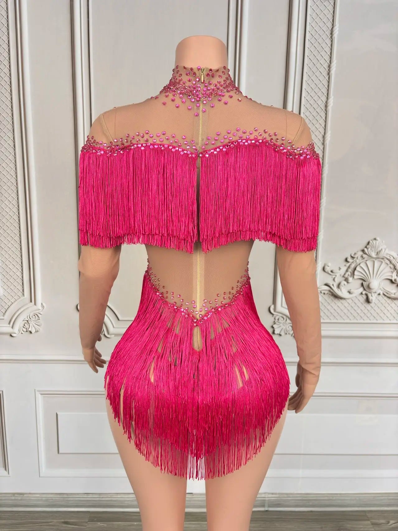 Sparkly Rhinestone Tassel Fringe Dance Performance Costume Stage Bodysuit