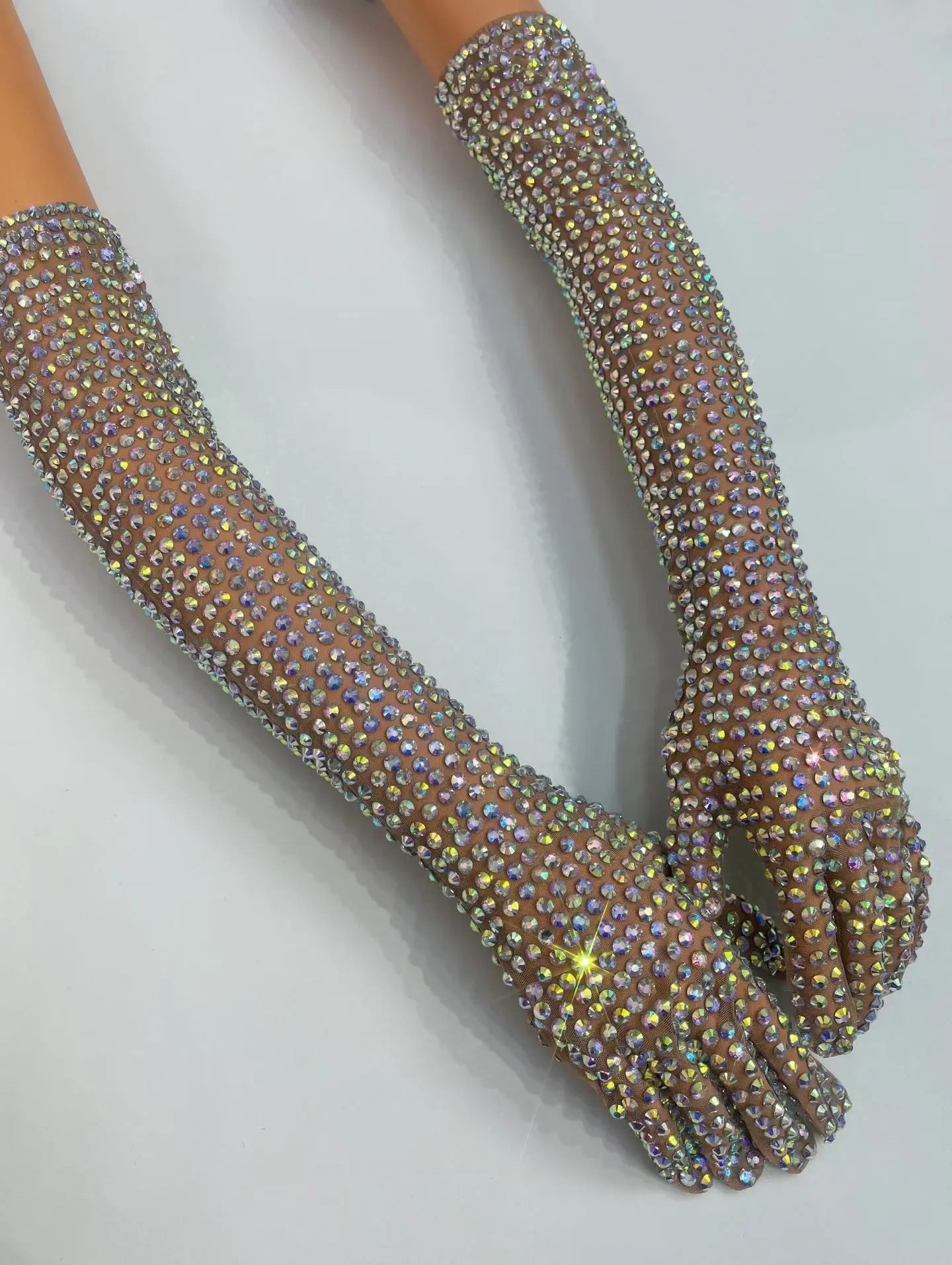 AB Rhinestone Sheer Mesh Long Opera Gloves Stage Performance Costume Accessory