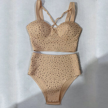 Skin Tone High-Waist Rhinestone Bikini Shorts & Pole Dance Performance Outfit