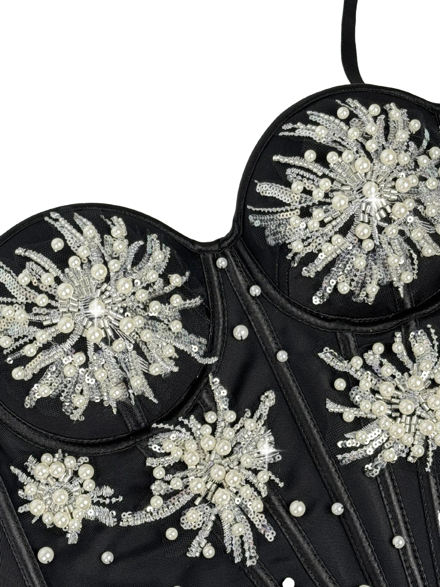 Pearl & Sequin Embroidered Floral Bustier Corset Top Asymmetric Camisole Bralette