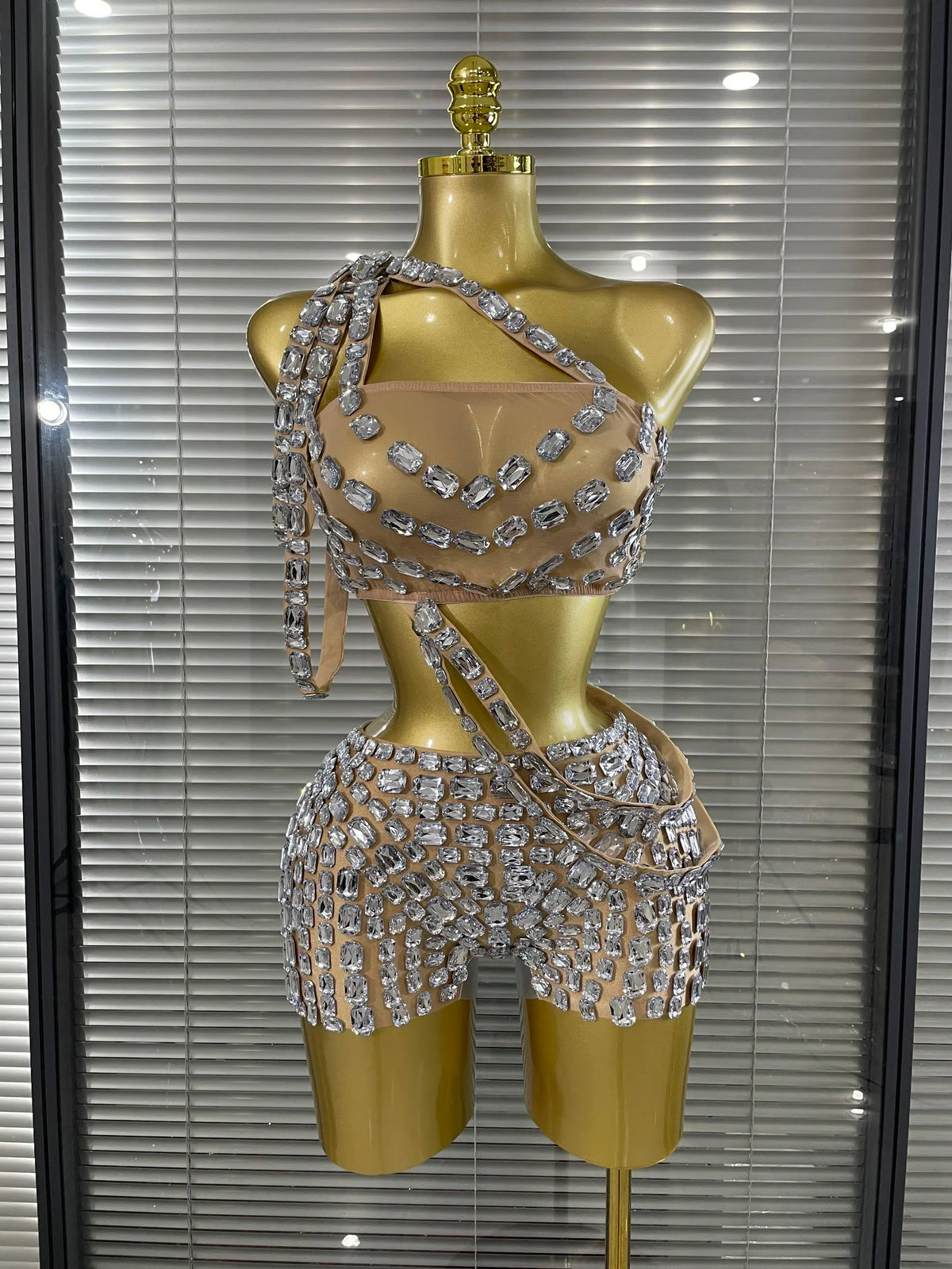 Silver Crystal Perspective Two Pieces Costume Set Performance Dancer Singer Nightclub Women's Outfit