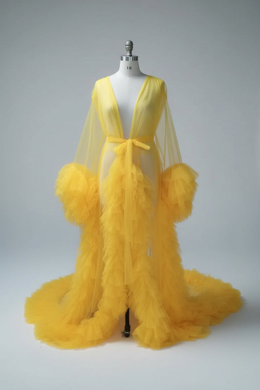 Voluminous Illusion Tulle Ruffle Long Robe Dressing Gown