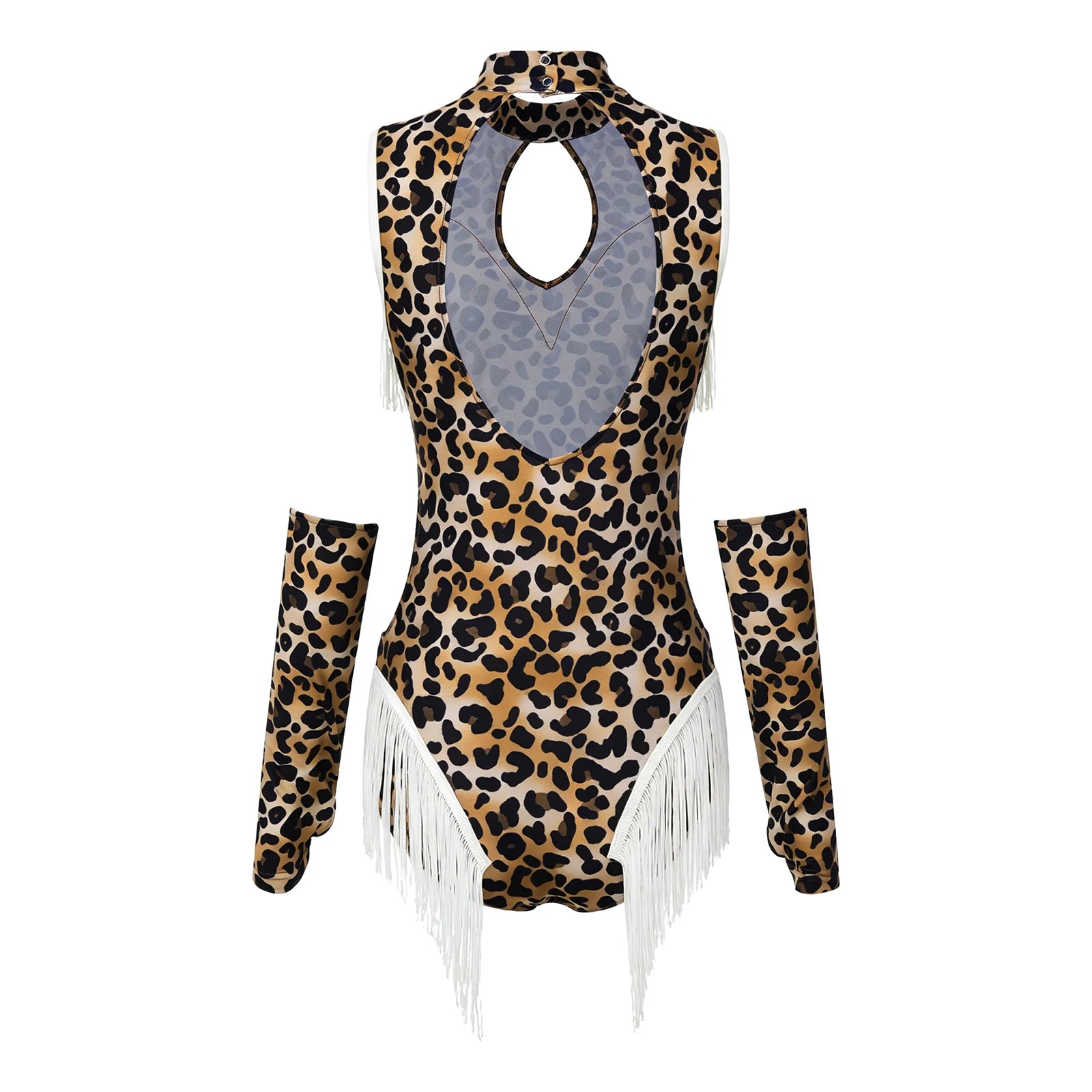 Leopard Cutout Bodysuit & Fringe Sleeves 2-Piece Latin Ballroom Stage Costume Set