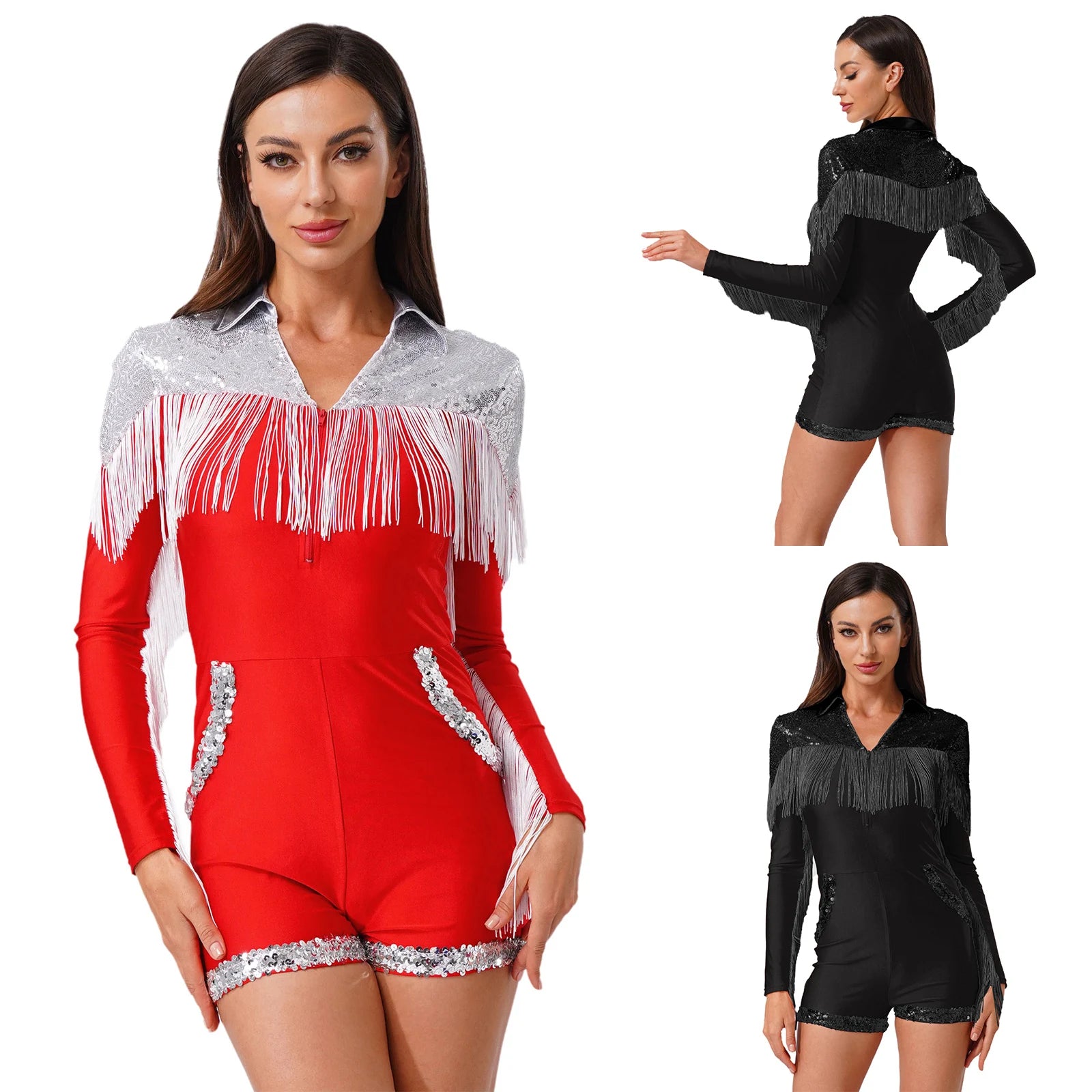 Western Cowgirl Sequin Fringe Long Sleeve Bodysuit Disco Dancewear Romper