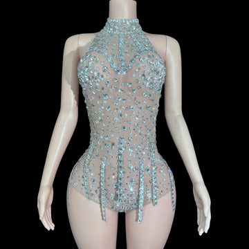 Silver Crystal Halter Illusion Bodysuit Sparkly Backless Rhinestone Stage Leotard