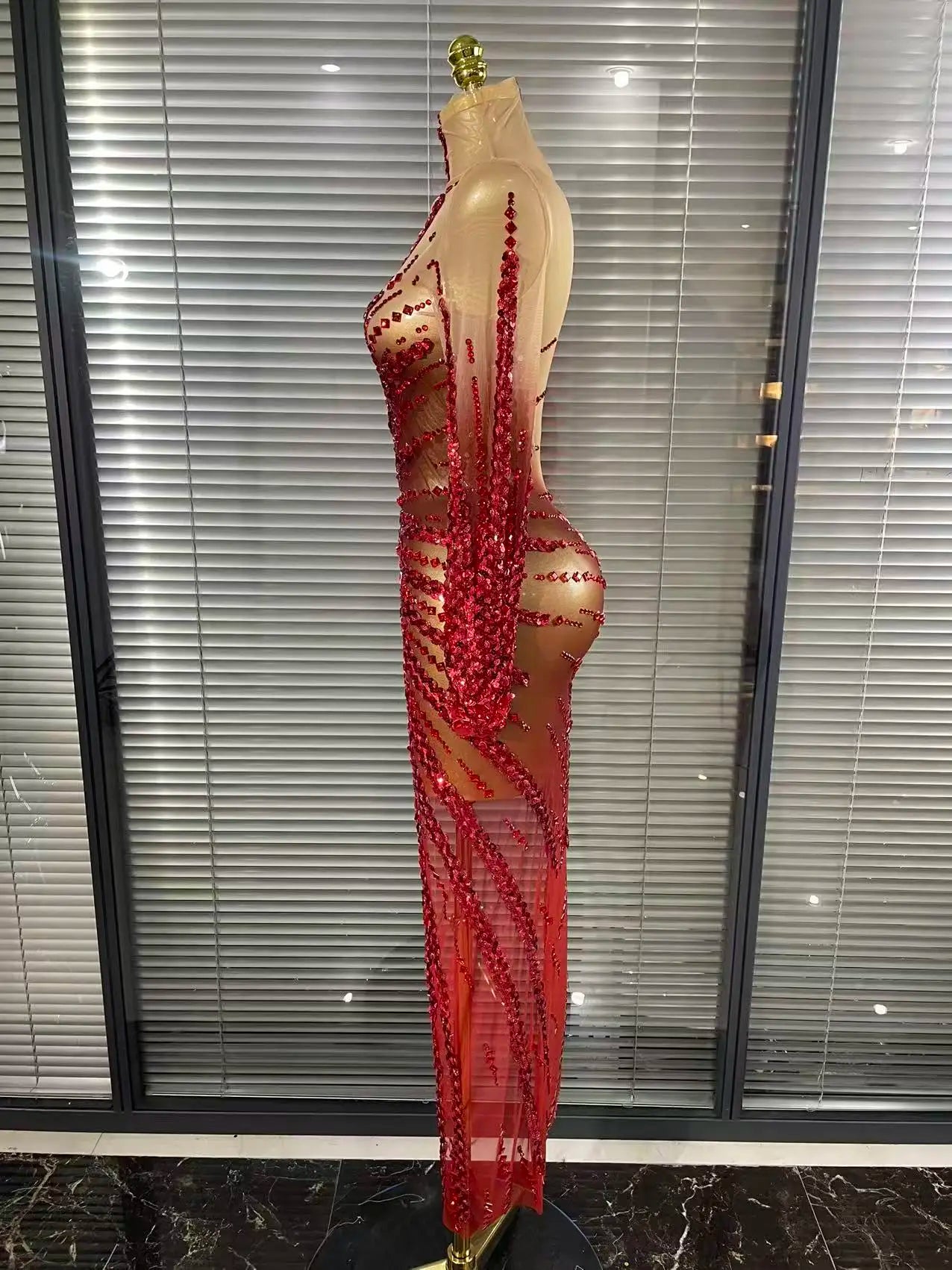Gold Crystal Illusion Sweetheart Gown High-Slit Mermaid Train Evening Dress