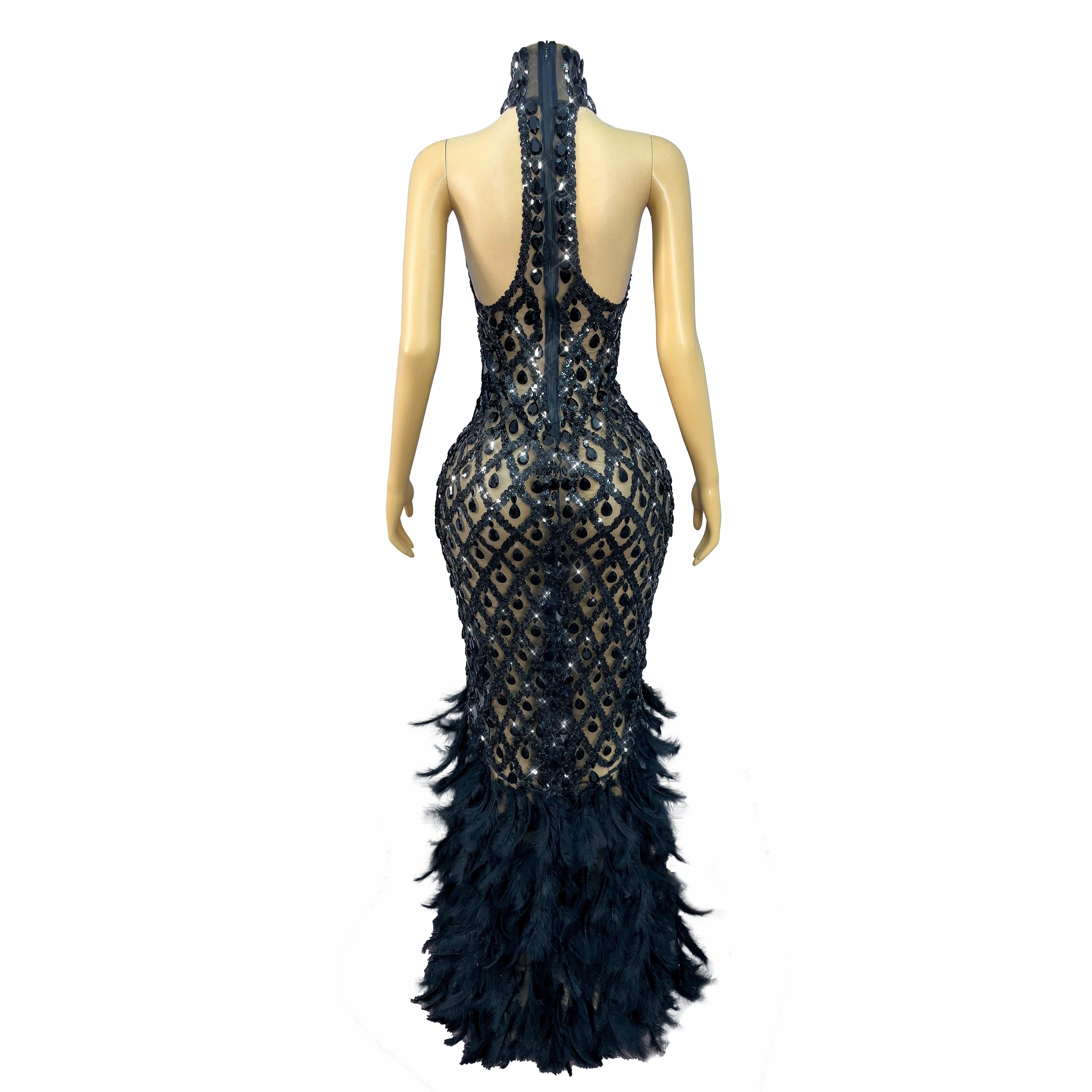 Sparkly Rhinestone Feather Sheer Mesh Evening Gown Stage Fashion Show Outfit