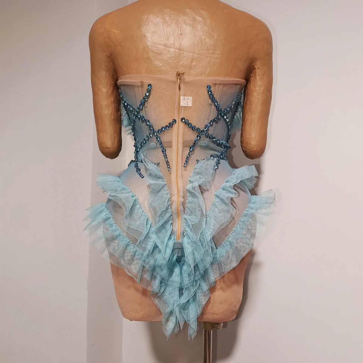 Vintage-Inspired Sparkly Rhinestone Sheer Blue Geometric Pattern Tube Short Dress