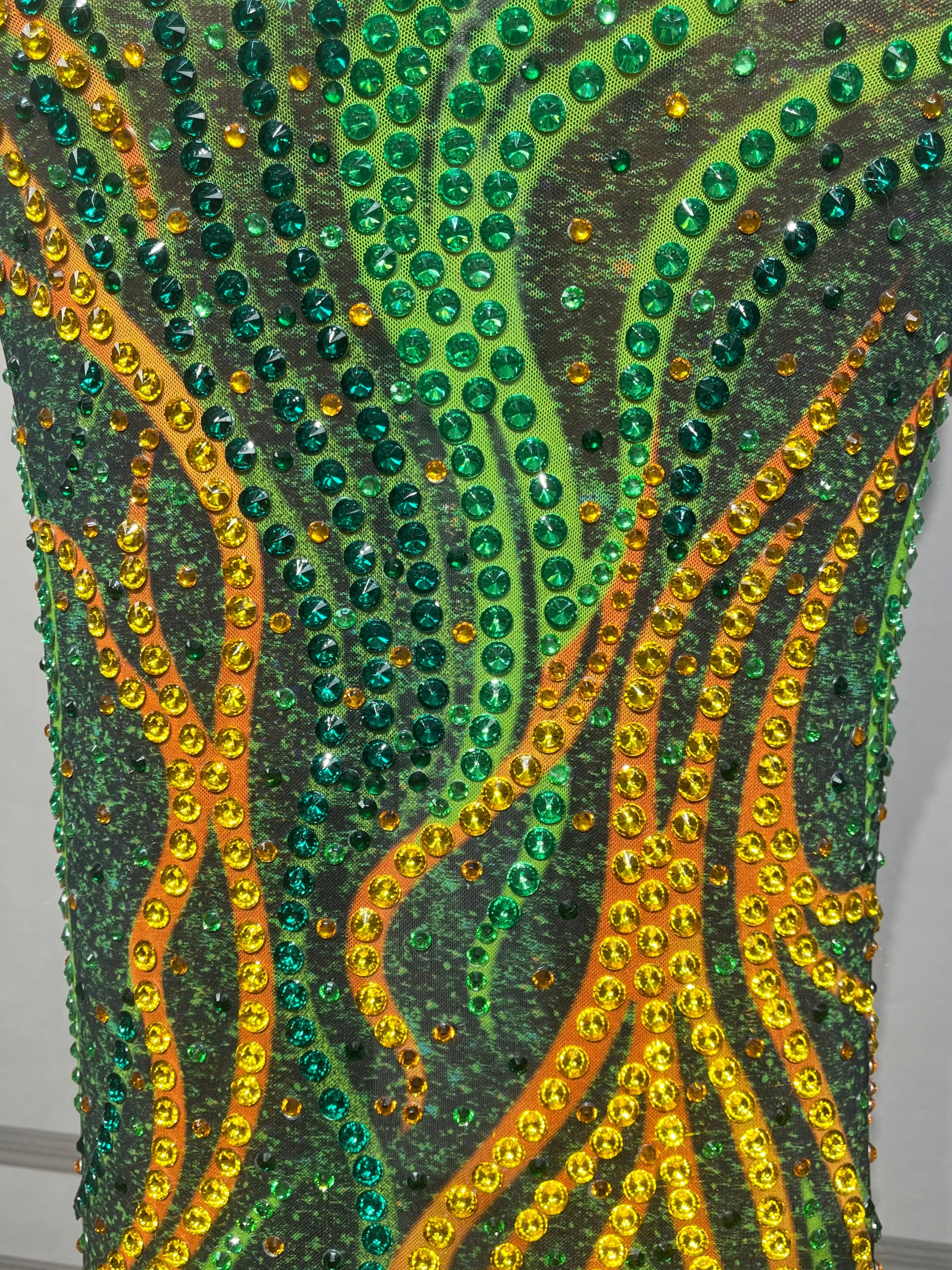 Gold & Emerald Swirl Rhinestone Illusion Maxi Gown Long Sleeve Floor-Length Evening Dress