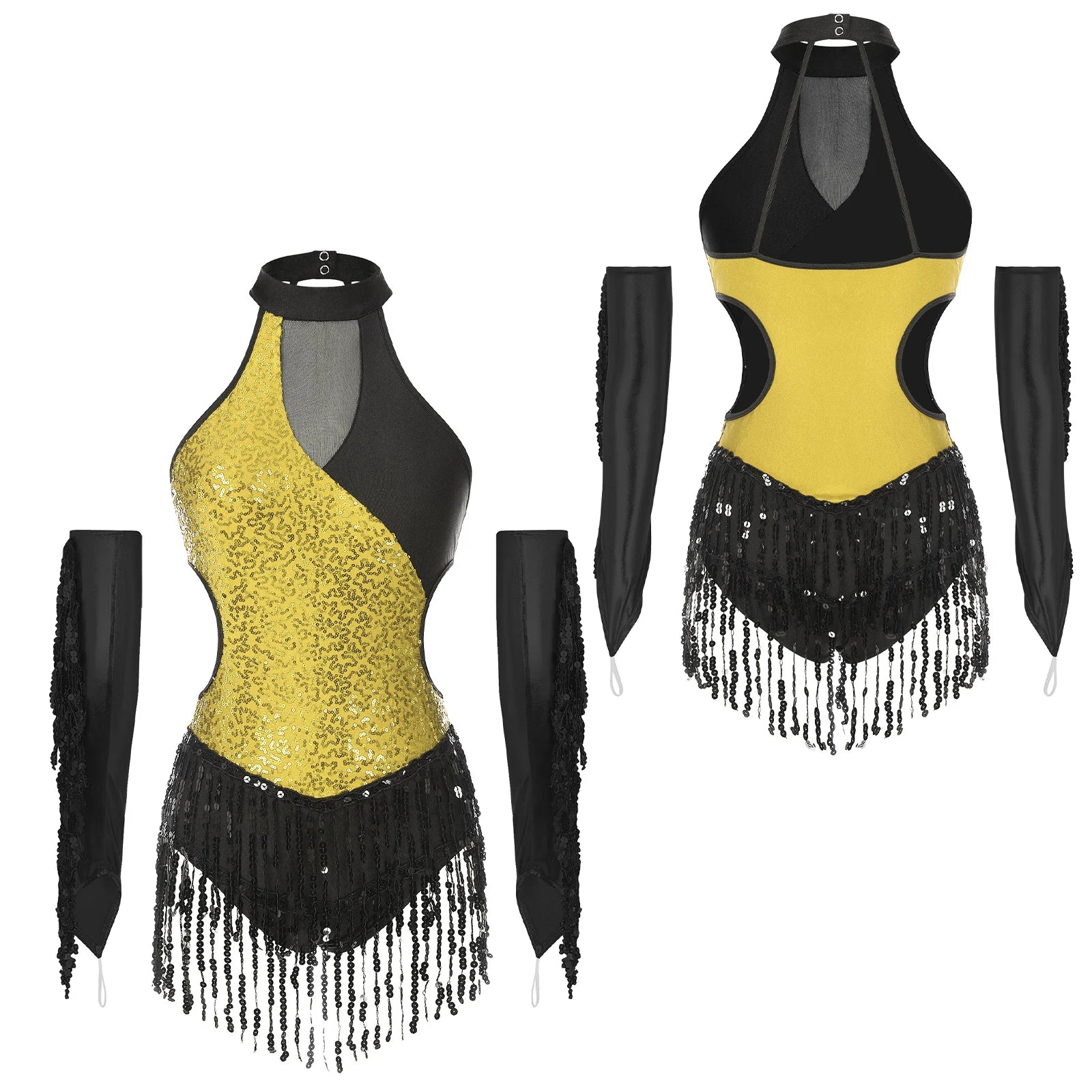Sequined Fringe Latin Dance & Figure Skating Jumpsuit Leotard Set with Mesh Gloves