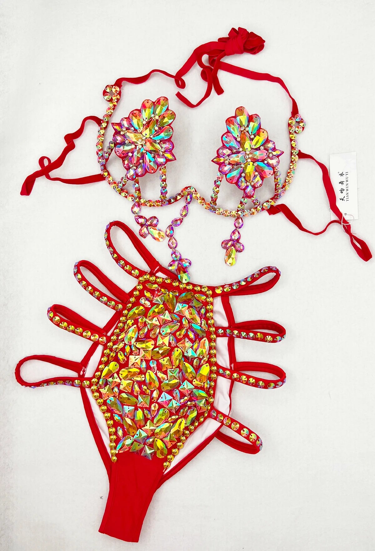 Sparkly Samba Carnival Stone Wire Bra & Bikini Bottom Set Stage Costume