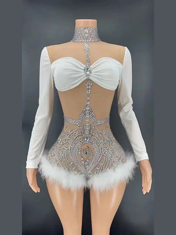 Rhinestone Feather Sheer Performance Bodysuit