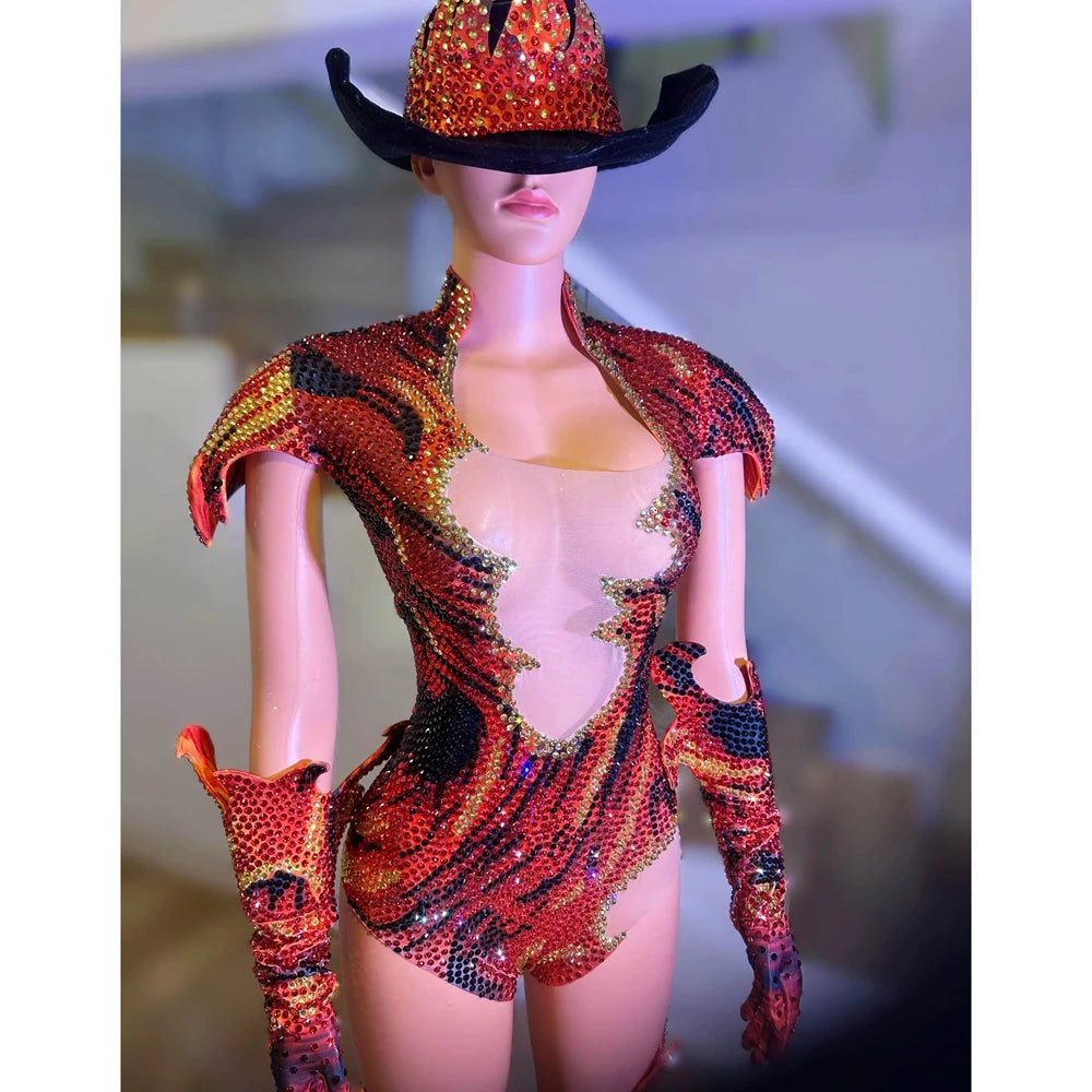 parkly Rhinestone Bodysuit Set Showgirl Stage Dance Costume with Gloves & Hat