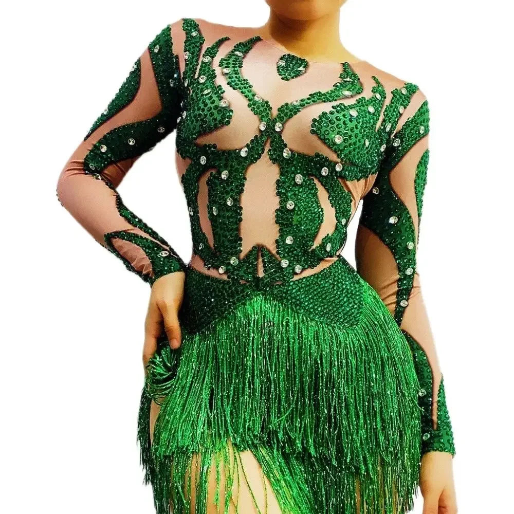 Green Rhinestone Fringe Long-Sleeve Bodysuit