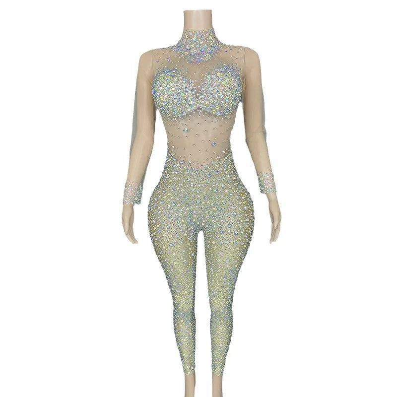 Women's Rhinestone Mesh Jumpsuit | Sheer Party & Stage Outfit