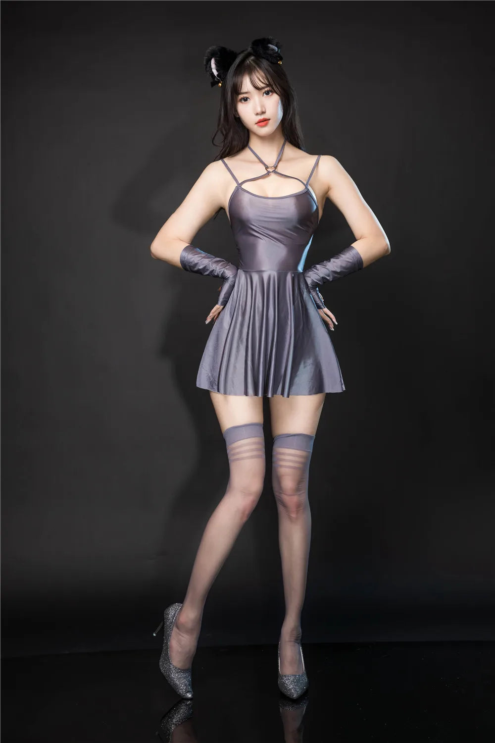Sexy Backless Satin Smooth Oil Glossy Pleated Micro MINI Dress Bandage Sleeveless Tight Uniform Maid Ruffled Dress Stage Wear