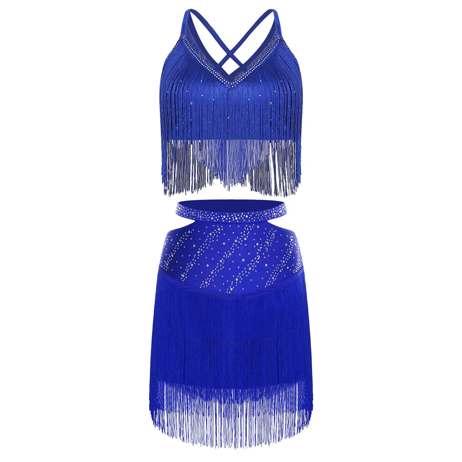 Sparkly Rhinestone & Tassel Fringe Two-Piece Latin Tango Dance Outfit Set
